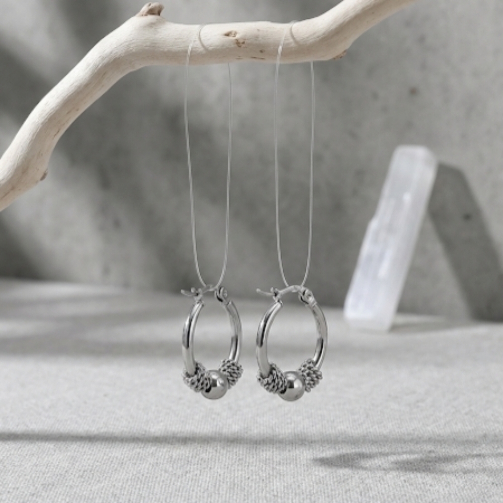 Silver Beaded Hoop Earrings Stainless Steel Textured Boho Minimalist Huggie 0.9" - Picture 15 of 15